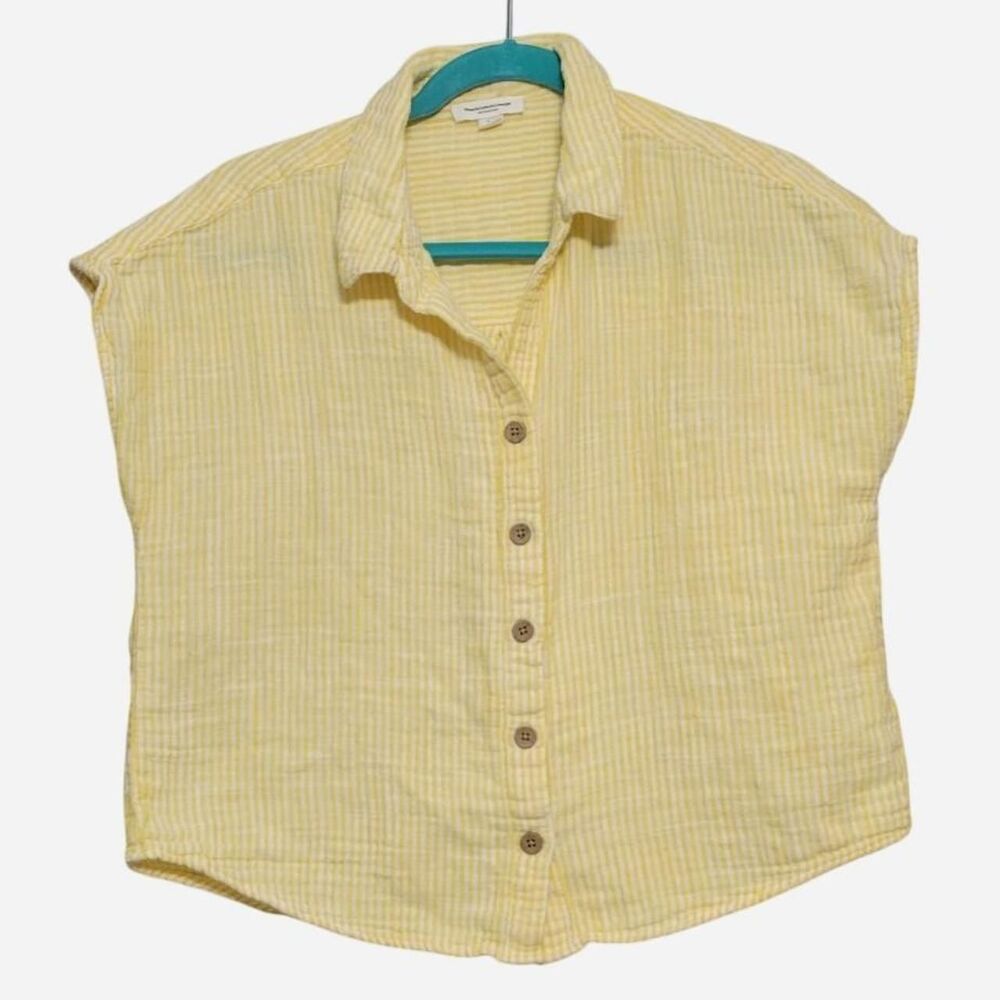 beachlunchlounge Women's Large White & Yellow Stripe Cotton Shirt Boxy Coastal